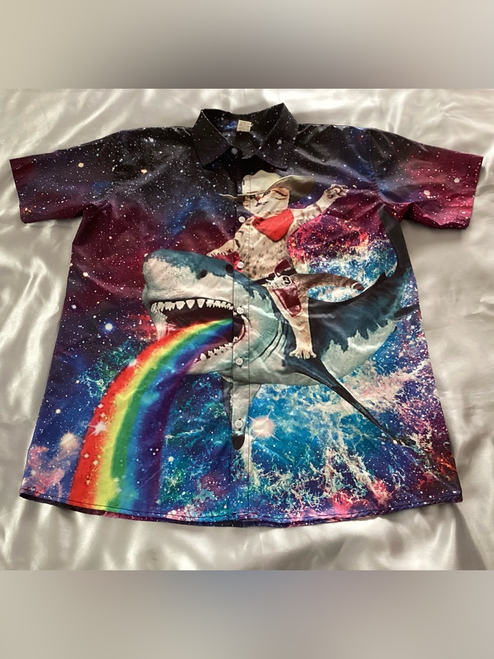 Cowboy Cat Riding Shark Rainbow Print Button-Up Shirt